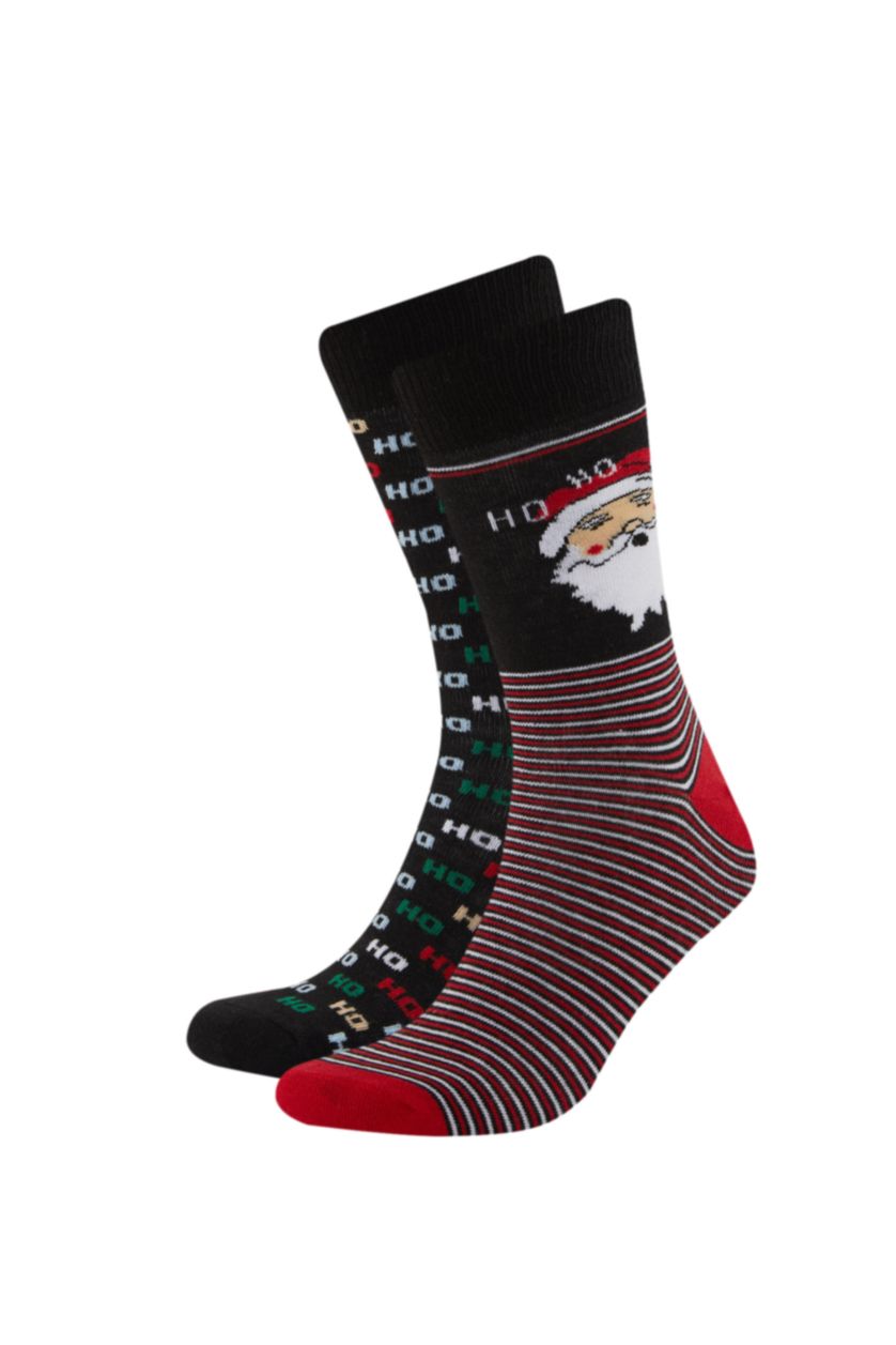 Erkek Siyah Erkek Yılbaşı Temalı 2'li Pamuklu Uzun Çorap