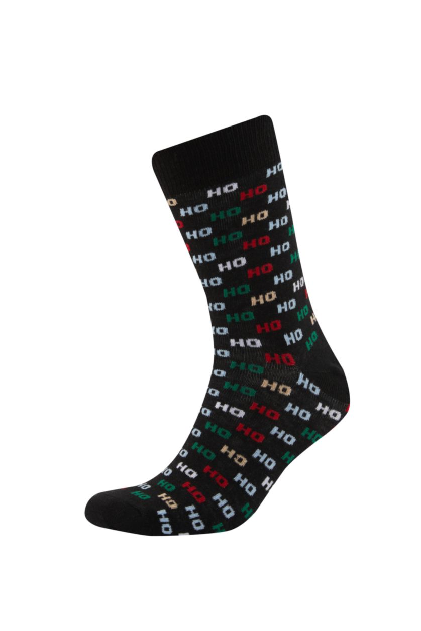 Erkek Siyah Erkek Yılbaşı Temalı 2'li Pamuklu Uzun Çorap