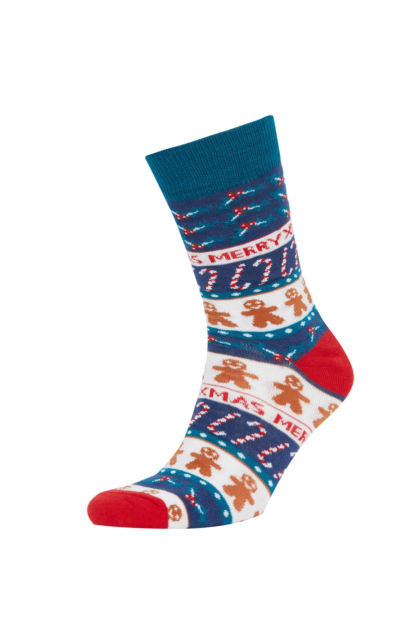 Erkek Mavi Erkek Yılbaşı Temalı Pamuklu Uzun Çorap