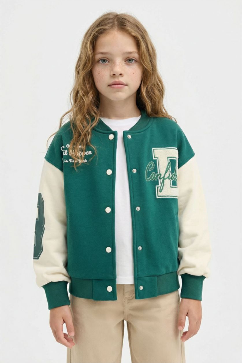 Kız Çocuk - Genç Kız Koyu Yeşil Kolej Yaka Çıtçıtlı Cepli Mevsimlik Baskılı İçi Yumuşak Tüylü Bomber Okul Hırkası Kız Çocuk
