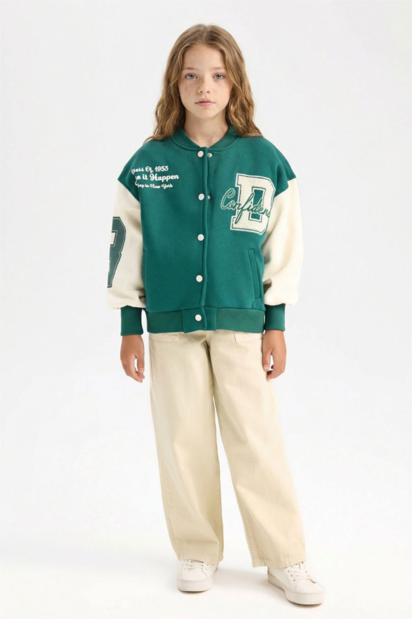 Kız Çocuk - Genç Kız Koyu Yeşil Kolej Yaka Çıtçıtlı Cepli Mevsimlik Baskılı İçi Yumuşak Tüylü Bomber Okul Hırkası Kız Çocuk