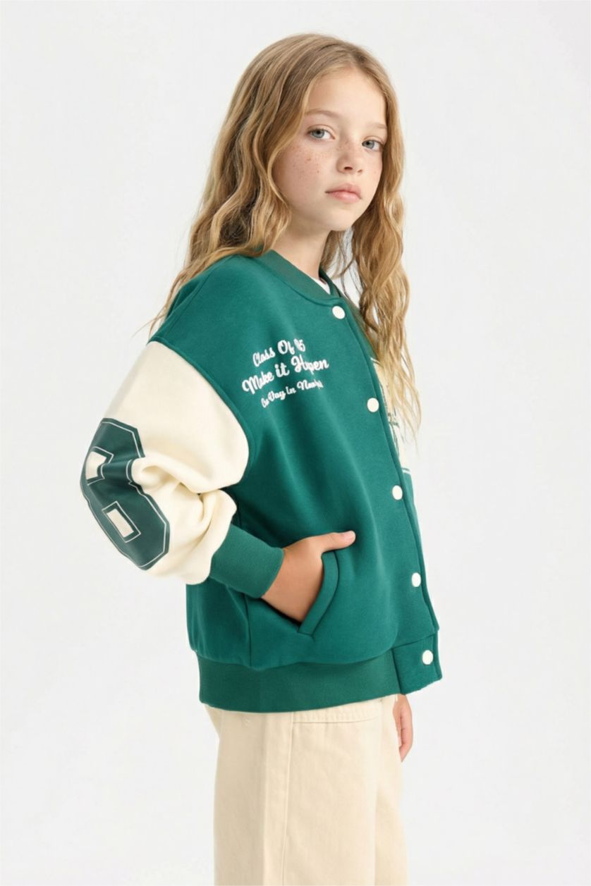 Kız Çocuk - Genç Kız Koyu Yeşil Kolej Yaka Çıtçıtlı Cepli Mevsimlik Baskılı İçi Yumuşak Tüylü Bomber Okul Hırkası Kız Çocuk