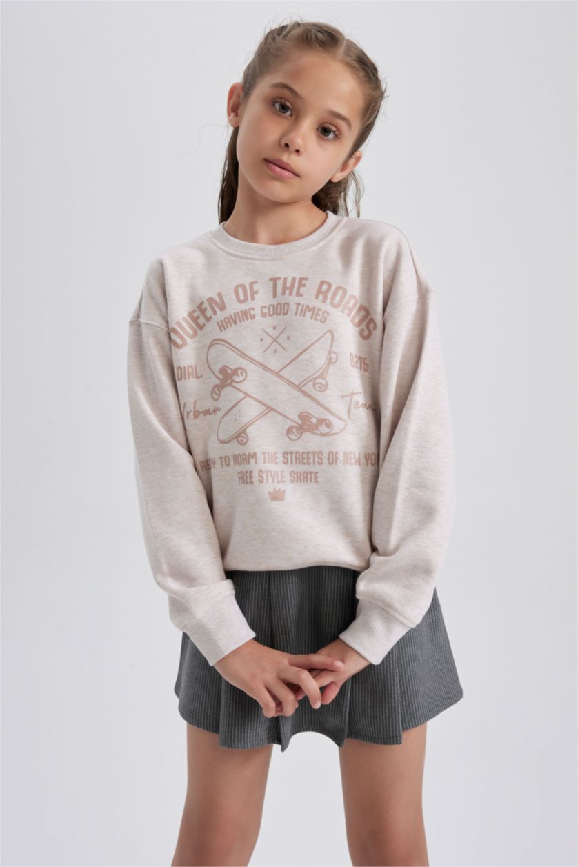 GIRLS & TEENS Beige Melange Regular Fit Crew Neck Sweatshirt