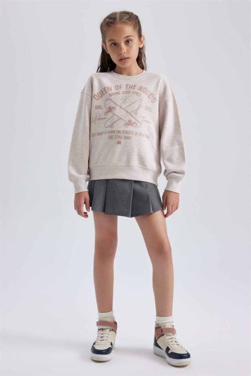 GIRLS & TEENS Beige Melange Regular Fit Crew Neck Sweatshirt