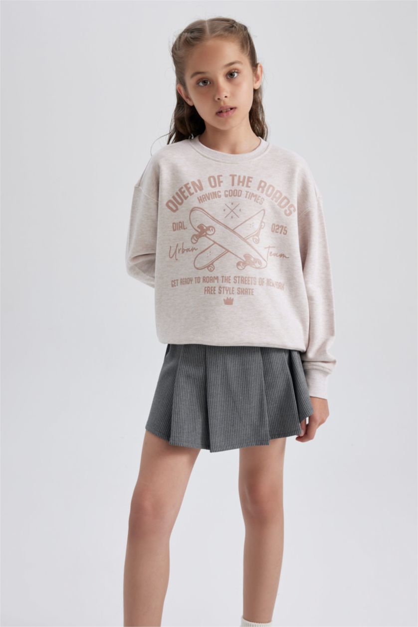 GIRLS & TEENS Beige Melange Regular Fit Crew Neck Sweatshirt
