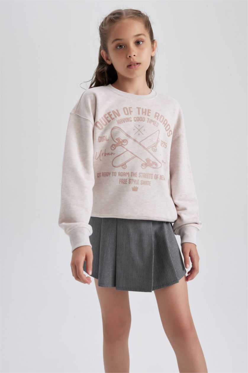 GIRLS & TEENS Beige Melange Regular Fit Crew Neck Sweatshirt