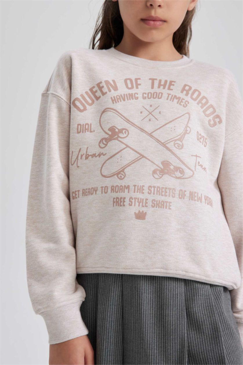 GIRLS & TEENS Beige Melange Regular Fit Crew Neck Sweatshirt