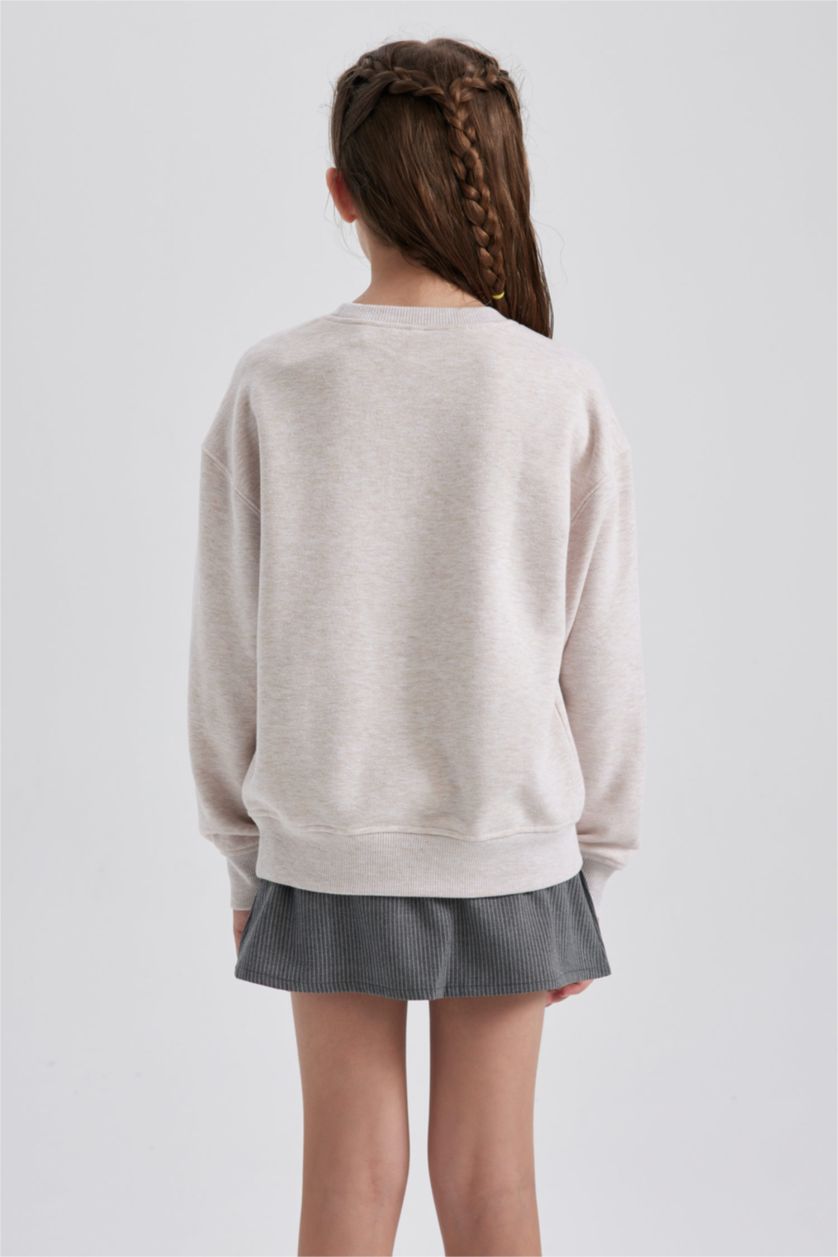 GIRLS & TEENS Beige Melange Regular Fit Crew Neck Sweatshirt