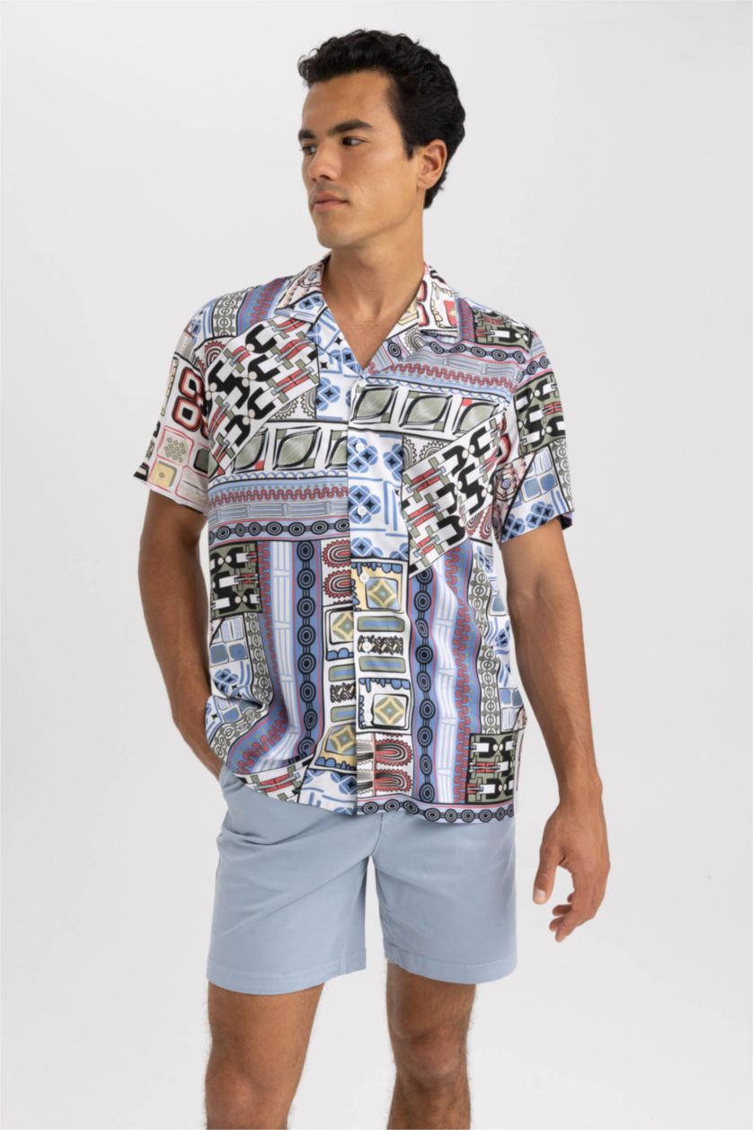 رجالي أزرق Regular Fit Viscose Short Sleeve Shirt