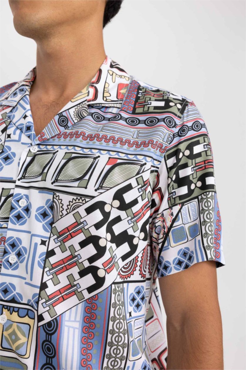 رجالي أزرق Regular Fit Viscose Short Sleeve Shirt