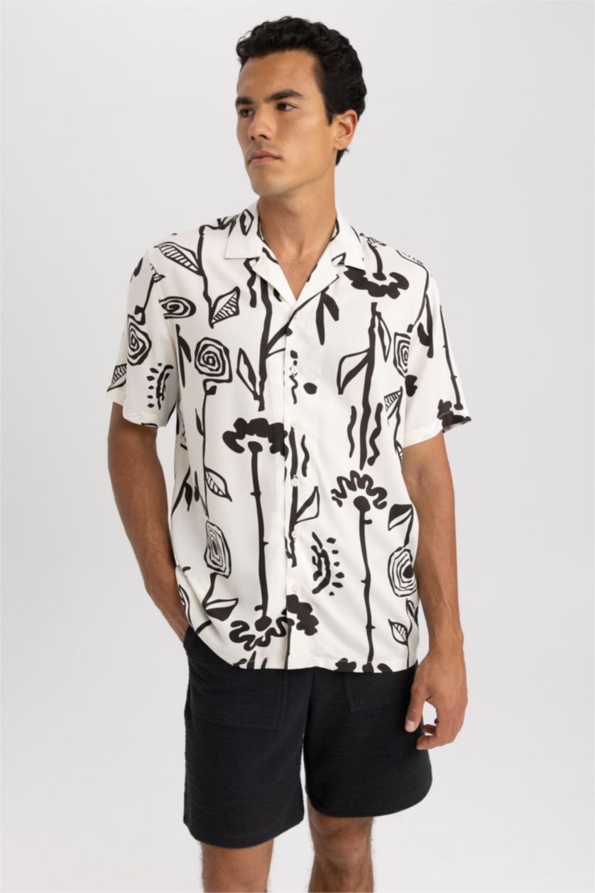MAN Sand Regular Fit Viscose Printed Short Sleeve Shirt