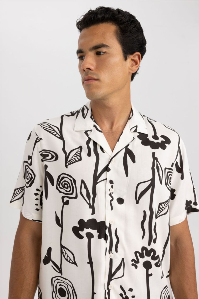 MAN Sand Regular Fit Viscose Printed Short Sleeve Shirt