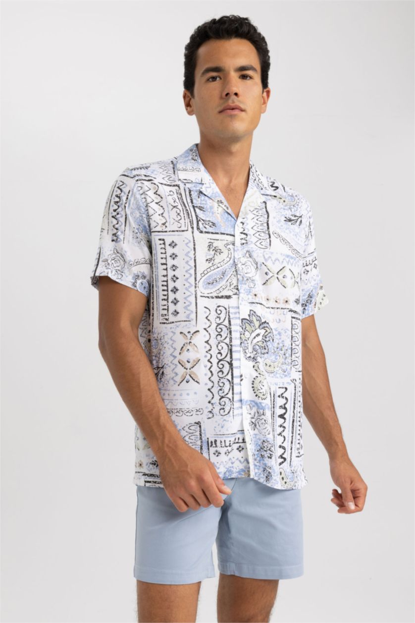 MAN Ecru Regular Fit Viscose Printed Short Sleeve Shirt