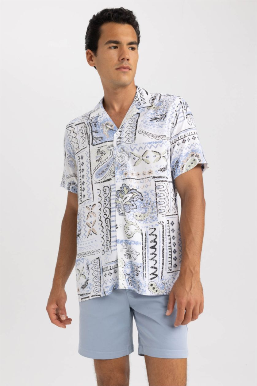 MAN Ecru Regular Fit Viscose Printed Short Sleeve Shirt