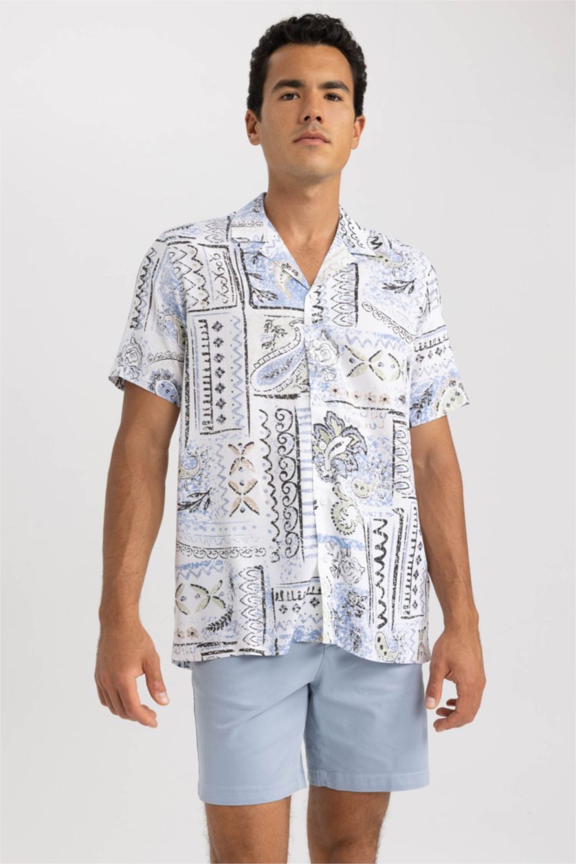 MAN Ecru Regular Fit Viscose Printed Short Sleeve Shirt