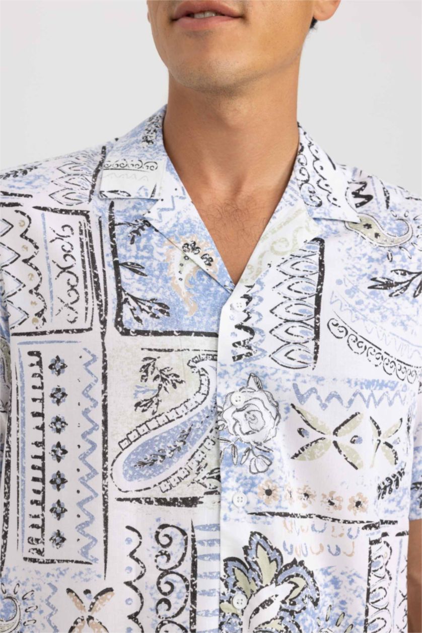 MAN Ecru Regular Fit Viscose Printed Short Sleeve Shirt