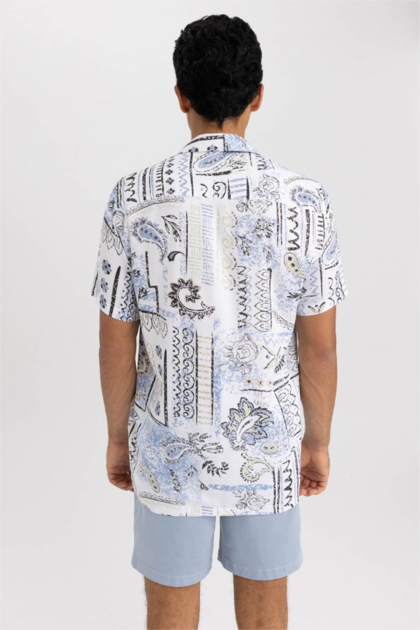 MAN Ecru Regular Fit Viscose Printed Short Sleeve Shirt