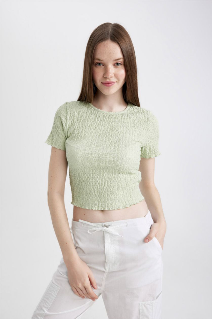 نساء أخضر فاتح تيشيرت نص كم مضلع مخصر برقبة مستديرة