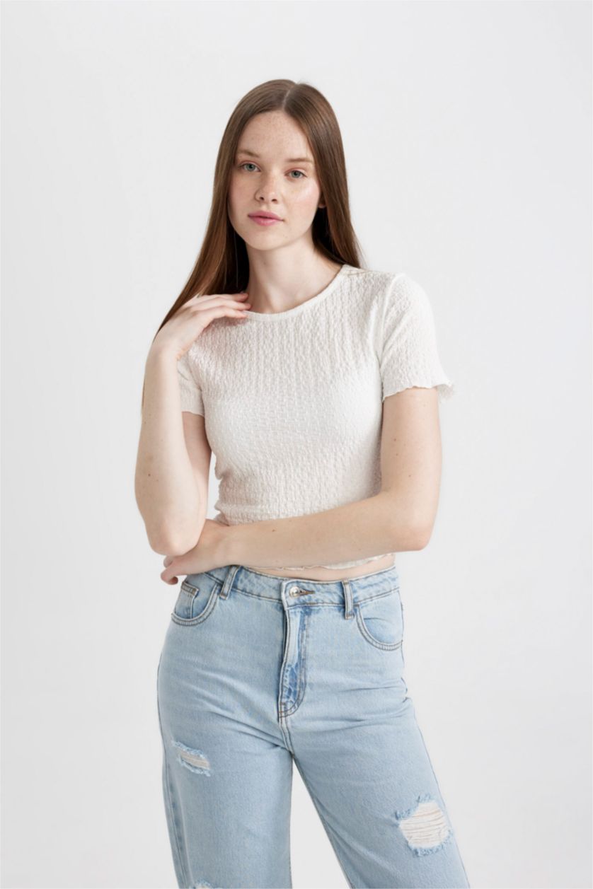 WOMAN White Fitted Crew Neck Crepe Short Sleeve T-Shirt