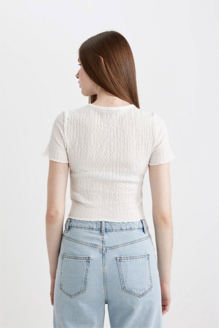 WOMAN White Fitted Crew Neck Crepe Short Sleeve T-Shirt