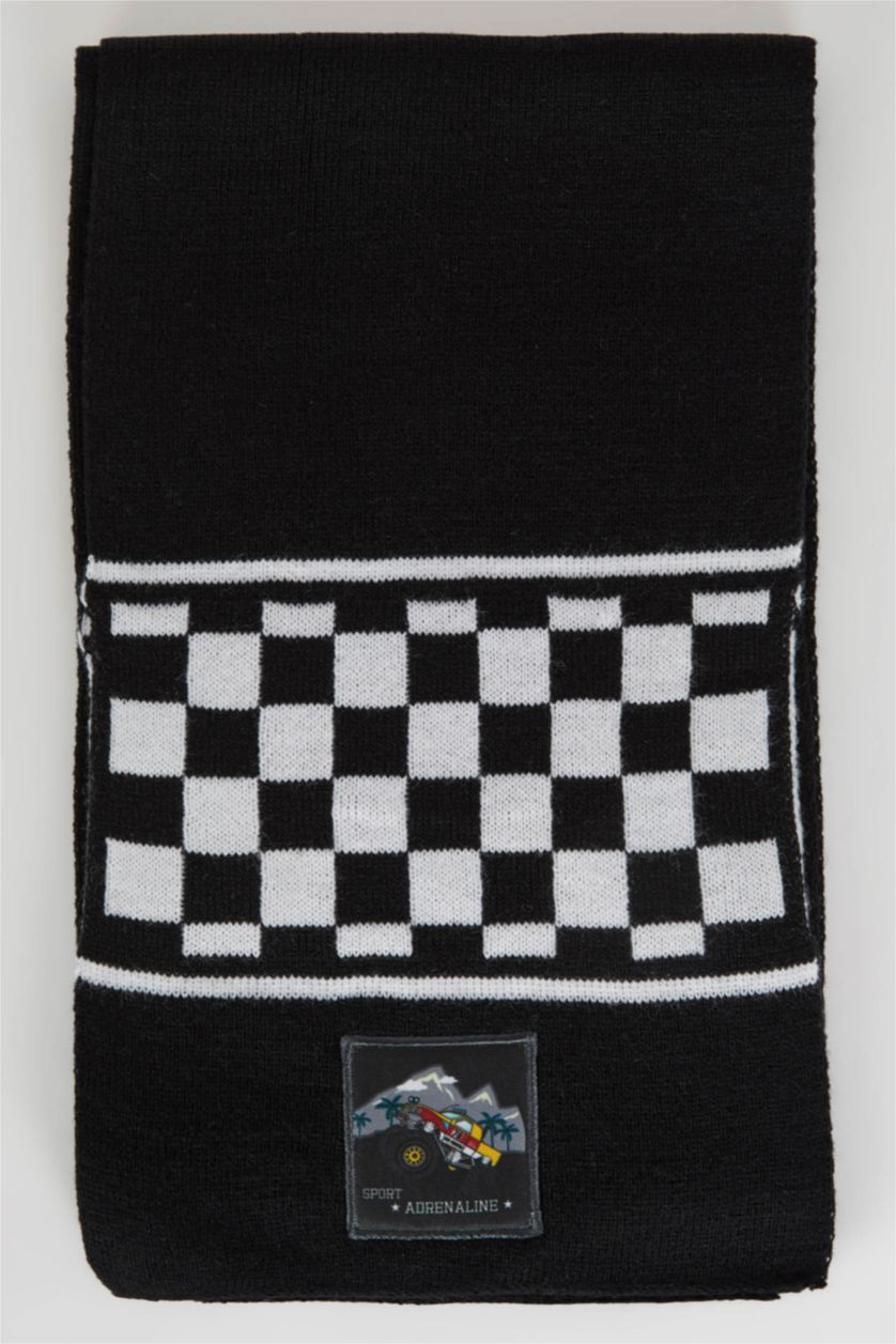 Erkek Çocuk - Genç Erkek Siyah Erkek Çocuk Kareli Dokuma Etiketli Atkı