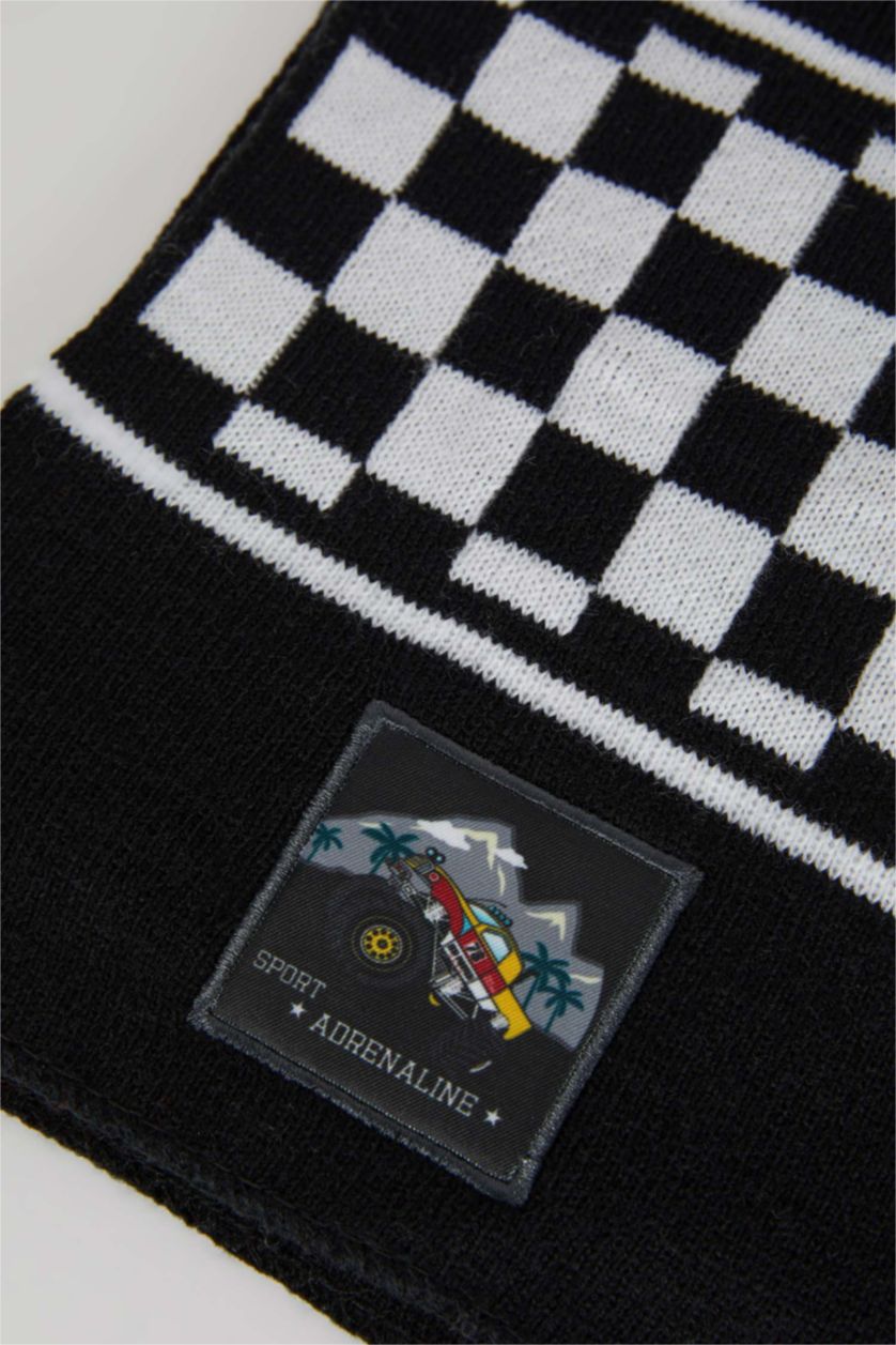 Erkek Çocuk - Genç Erkek Siyah Erkek Çocuk Kareli Dokuma Etiketli Atkı