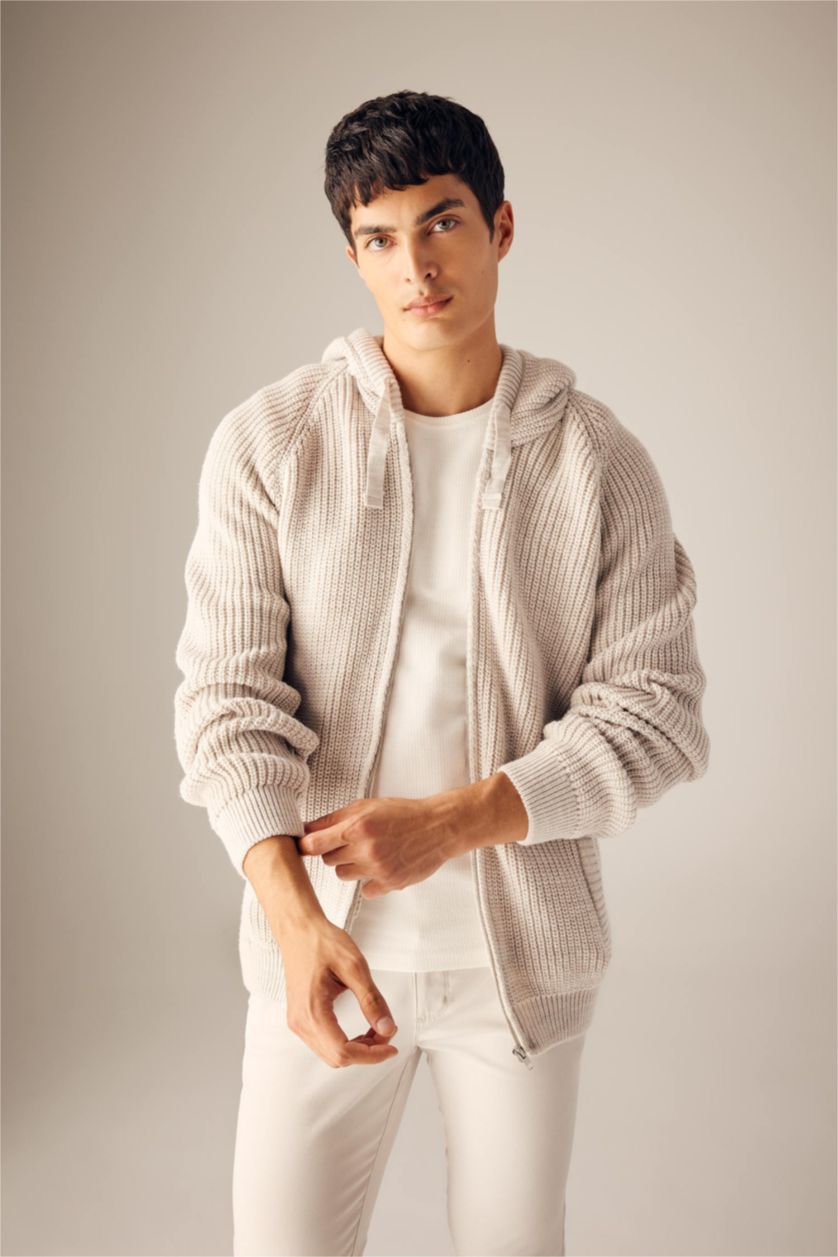 MAN Light Beige Melange Standard Fit Hooded Knitwear Cardigan