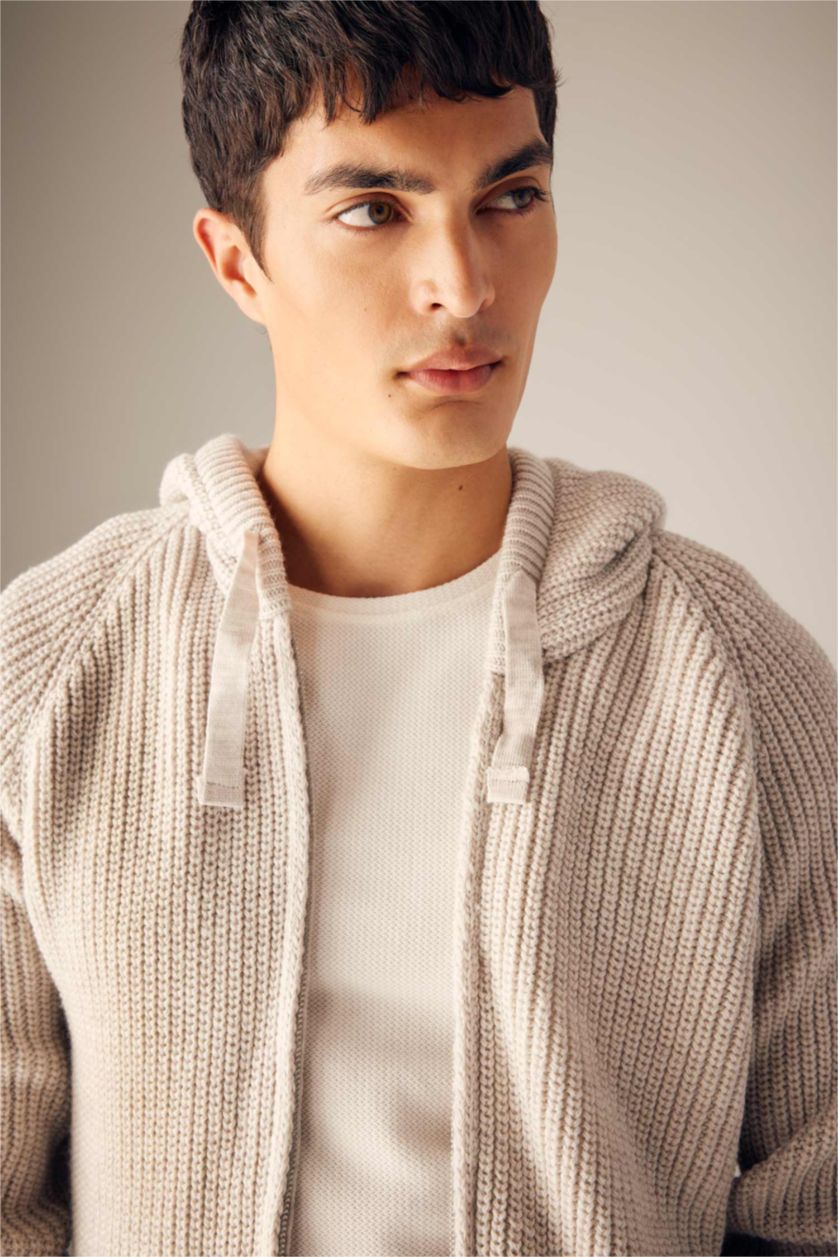 MAN Light Beige Melange Standard Fit Hooded Knitwear Cardigan