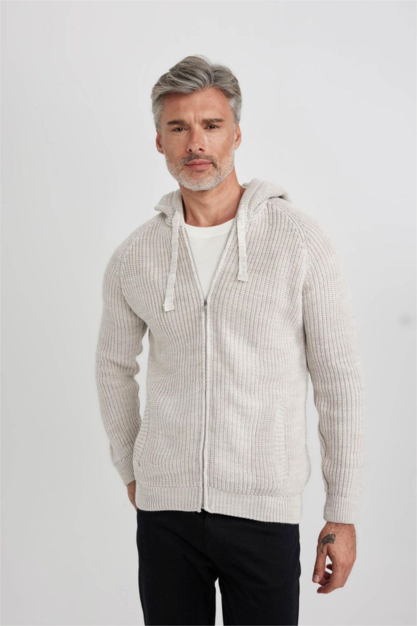MAN Light Beige Melange Standard Fit Hooded Knitwear Cardigan