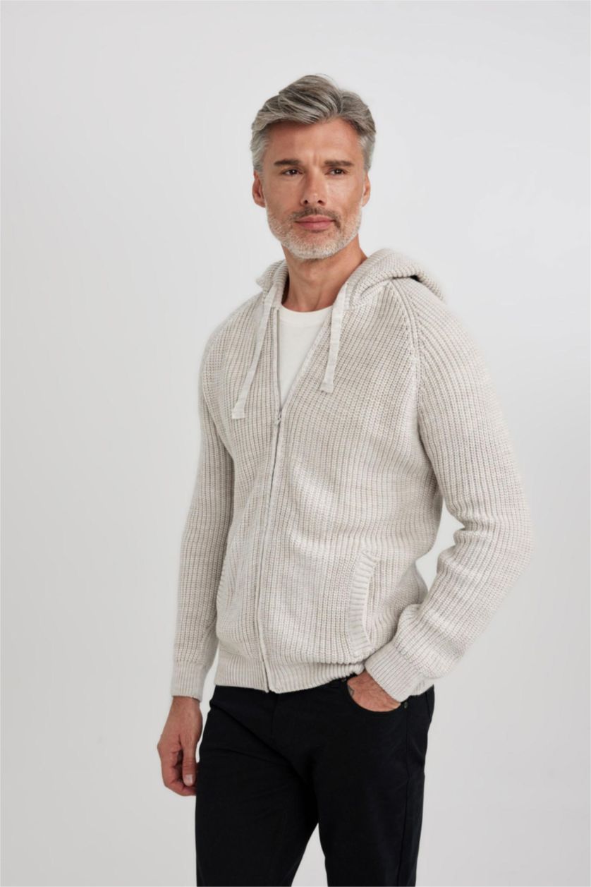 MAN Light Beige Melange Standard Fit Hooded Knitwear Cardigan