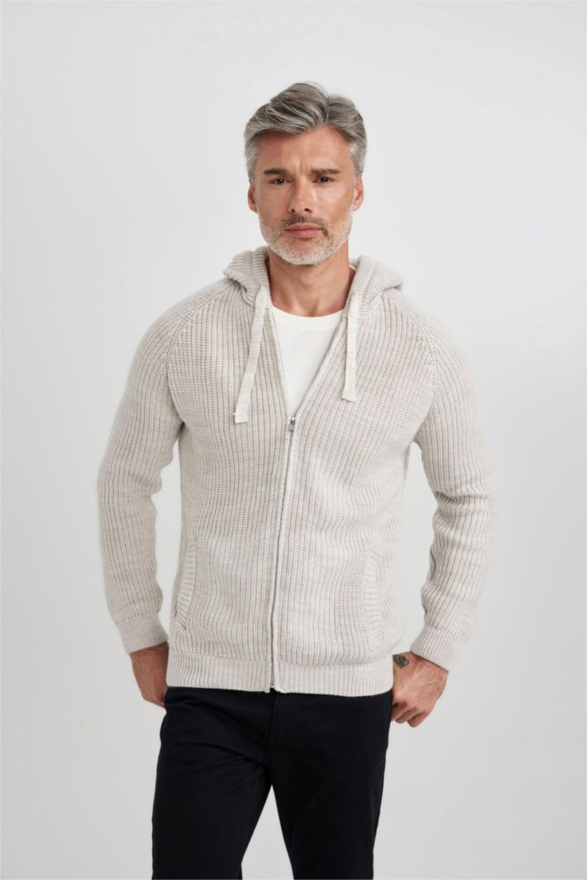 MAN Light Beige Melange Standard Fit Hooded Knitwear Cardigan