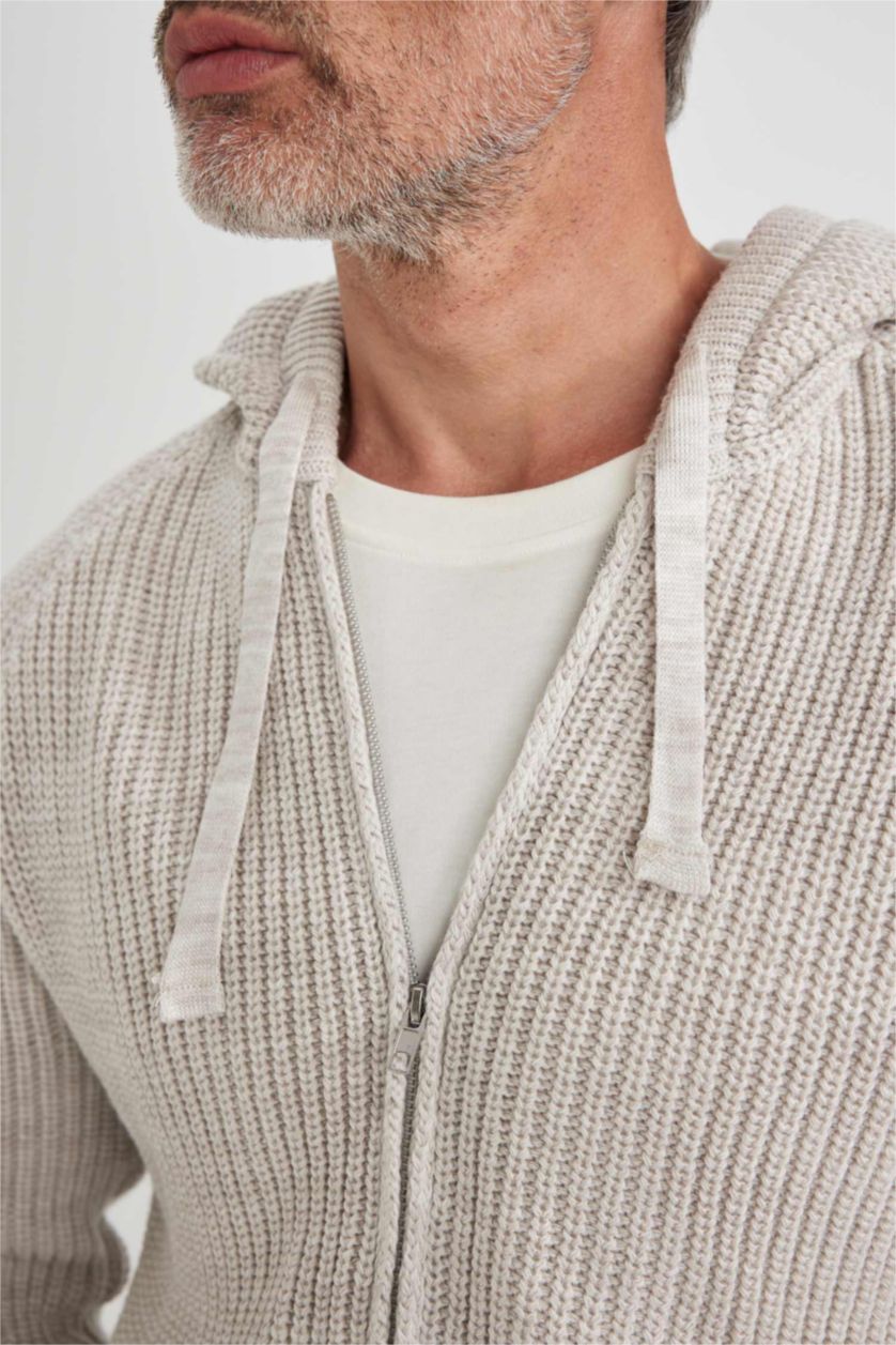 MAN Light Beige Melange Standard Fit Hooded Knitwear Cardigan