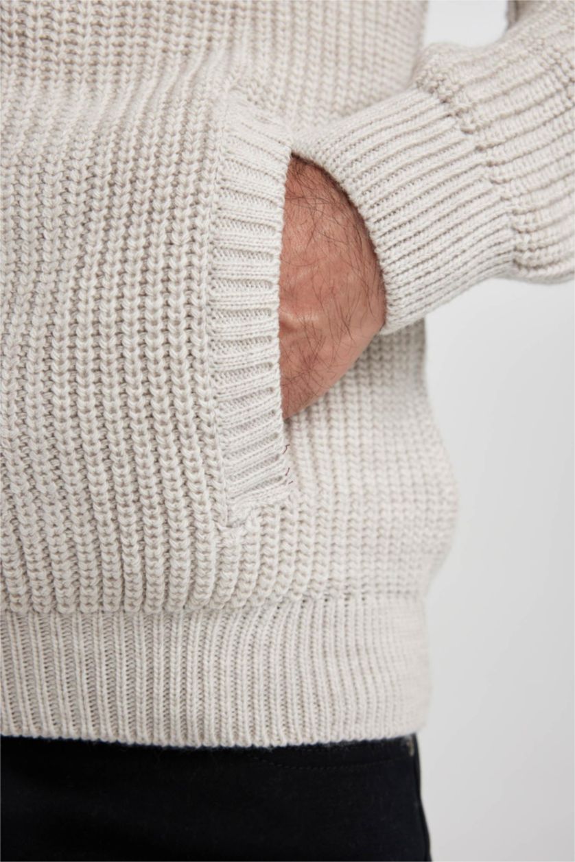 MAN Light Beige Melange Standard Fit Hooded Knitwear Cardigan