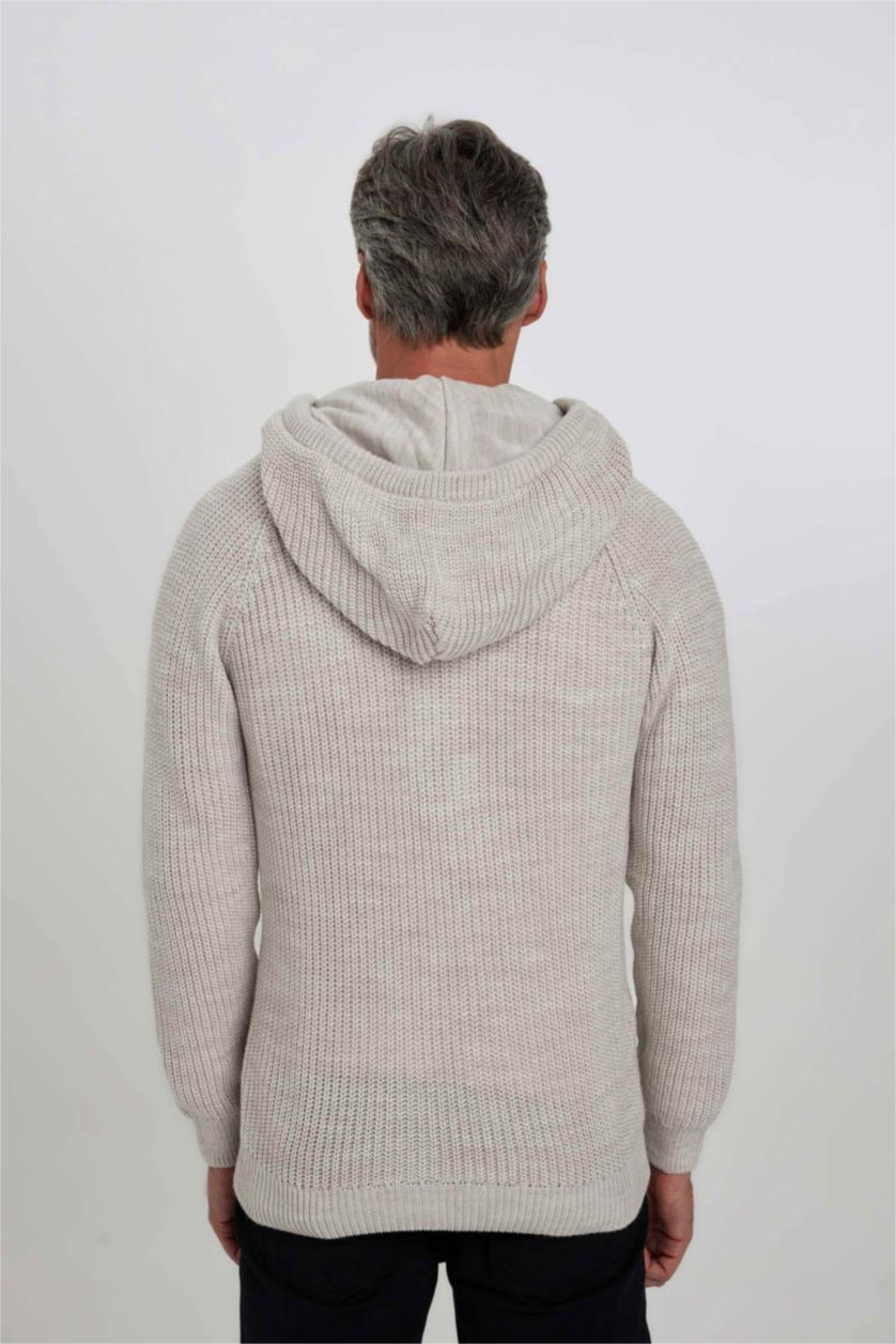 MAN Light Beige Melange Standard Fit Hooded Knitwear Cardigan