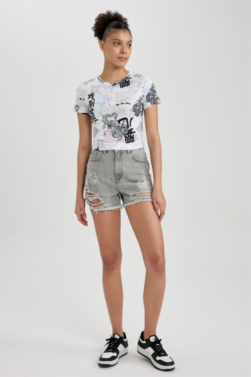 Kadın Kırık Beyaz Fıtted Desenli Ribana Kısa Kollu Tişört