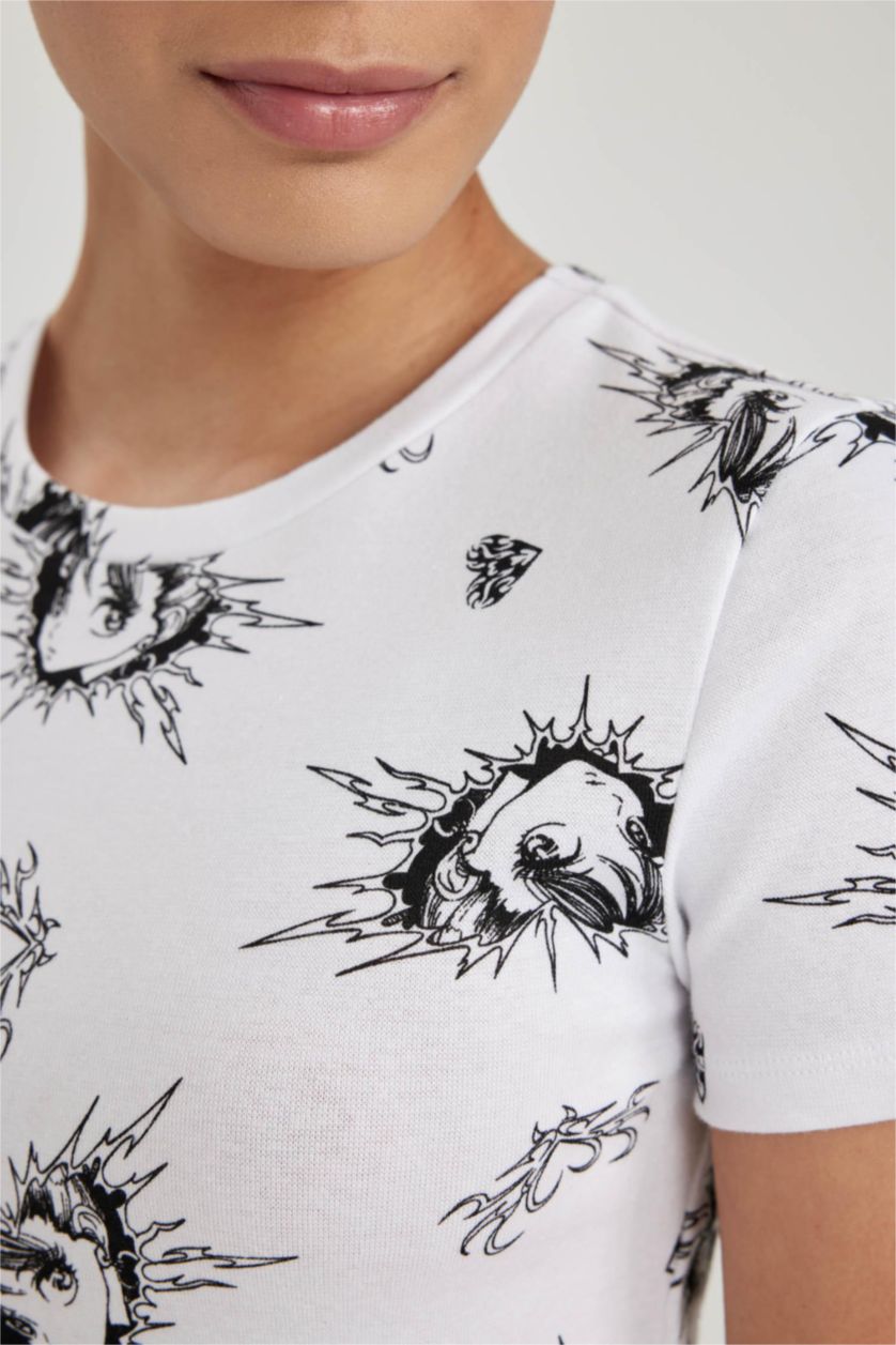 Kadın Siyah Fıtted Desenli Ribana Kısa Kollu Tişört