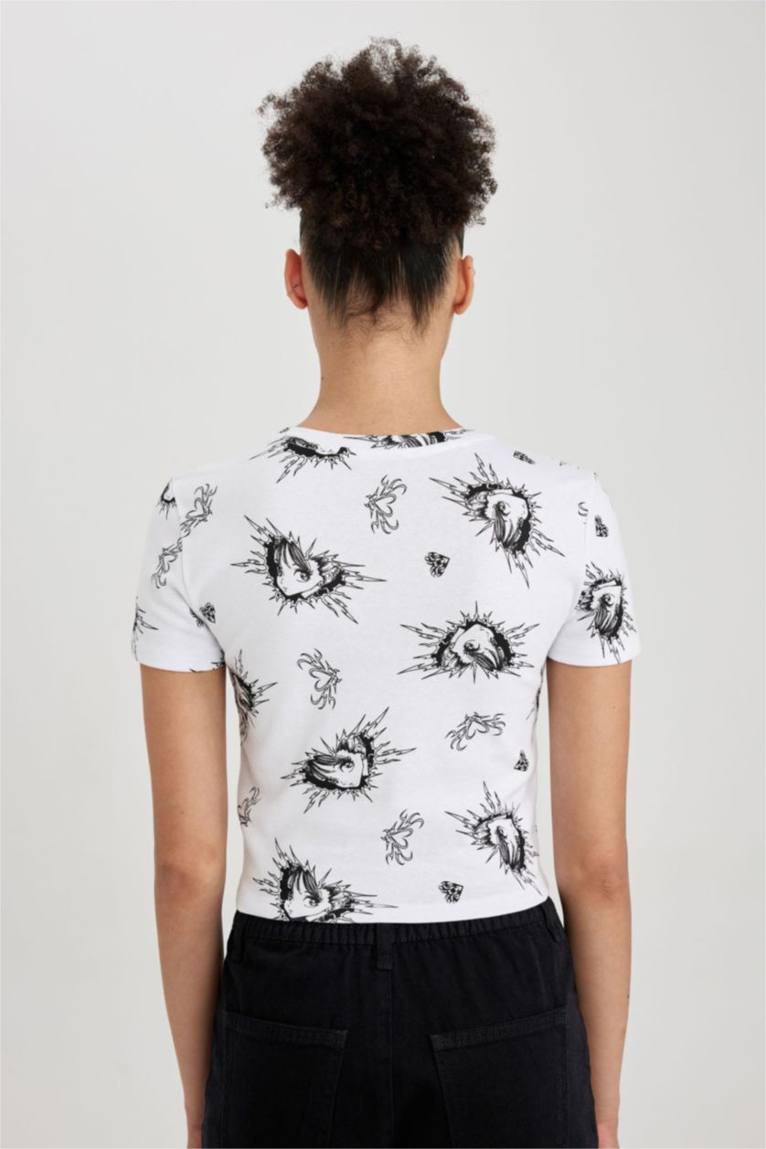 Kadın Siyah Fıtted Desenli Ribana Kısa Kollu Tişört