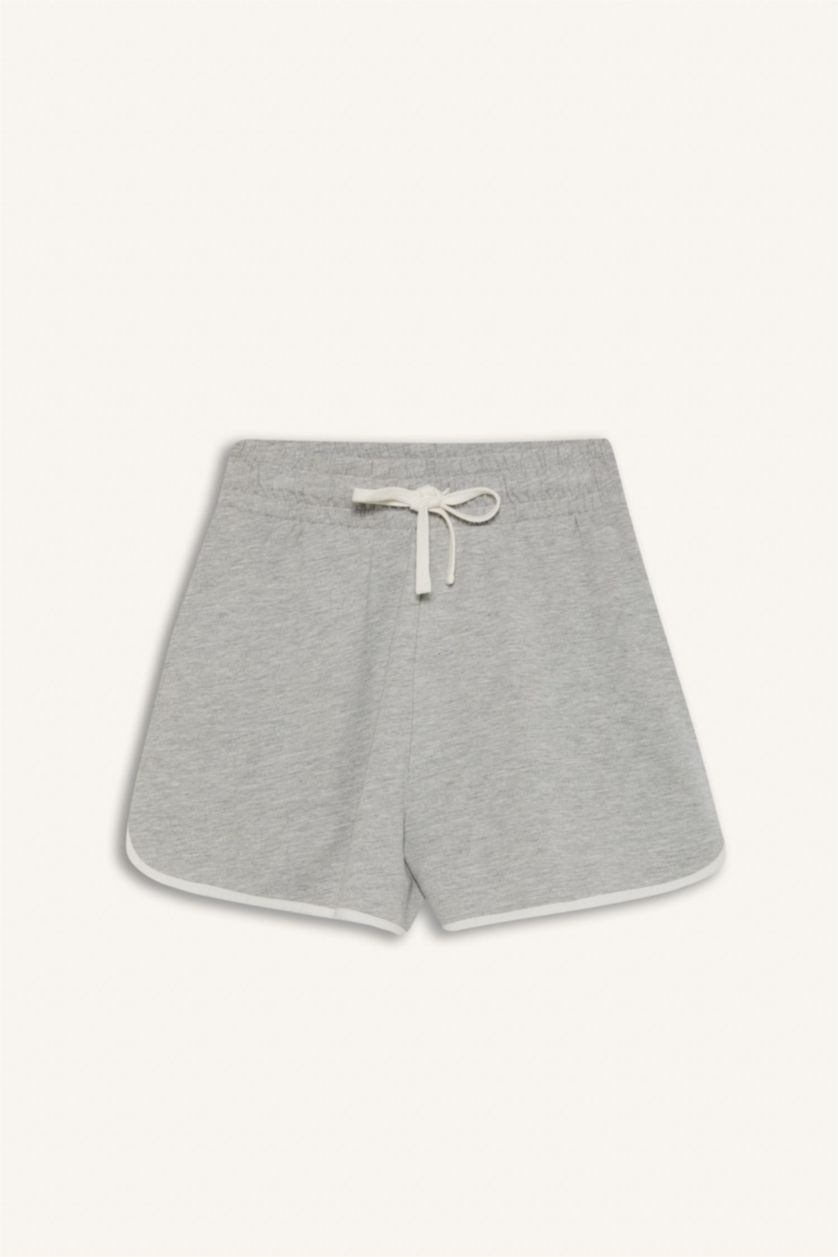 Kadın Gri Melanj Regular Fit Beli Lastikli Bağcıklı Kalın Mini Şort