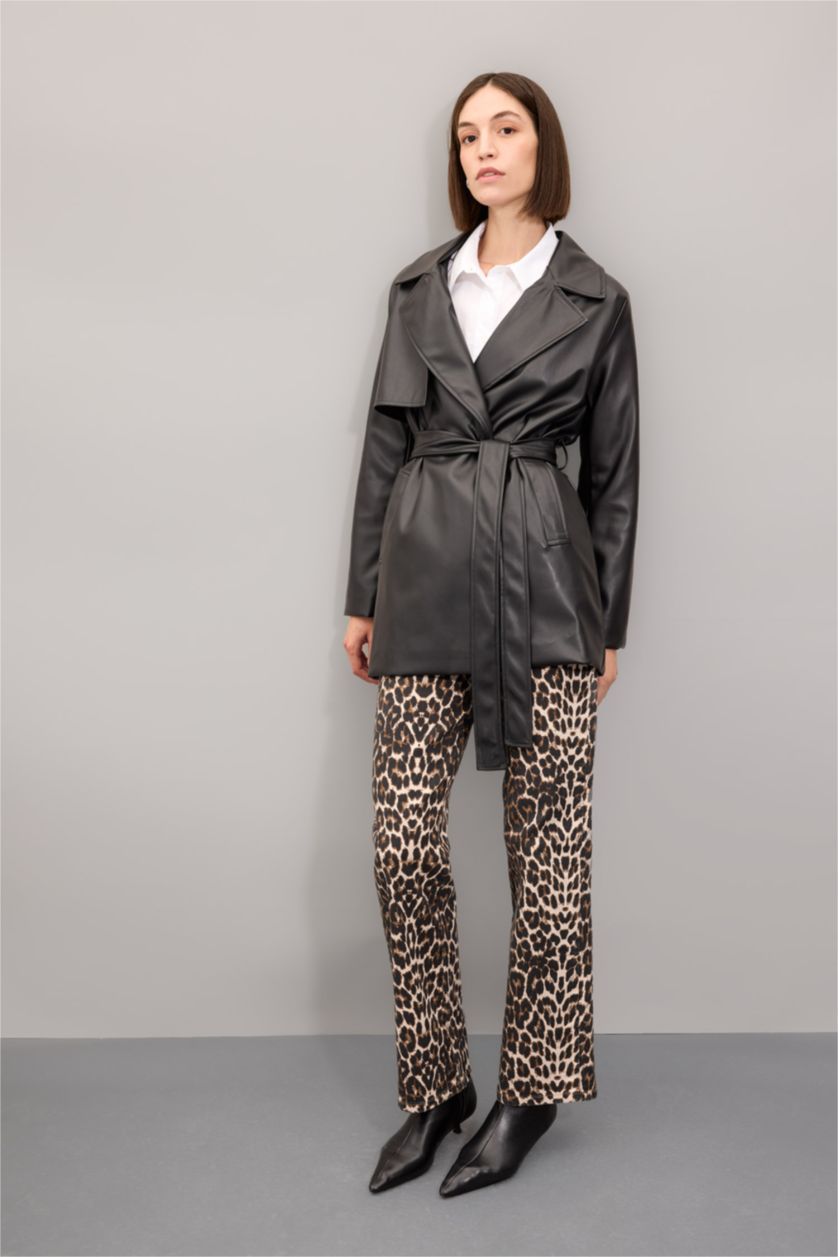 حريمي أسود جاكيت ترانش كوت جلد صناعي وتر برووف بحزام