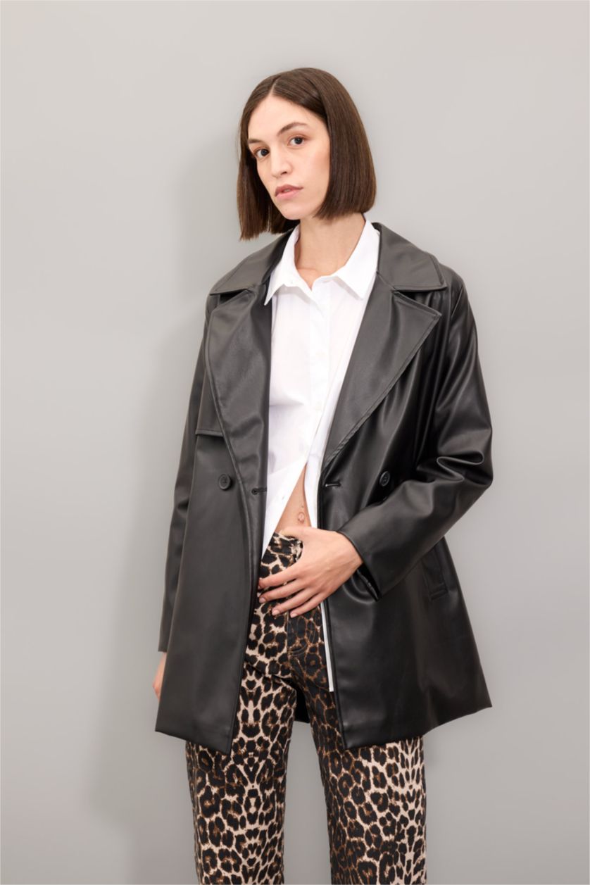 حريمي أسود جاكيت ترانش كوت جلد صناعي وتر برووف بحزام