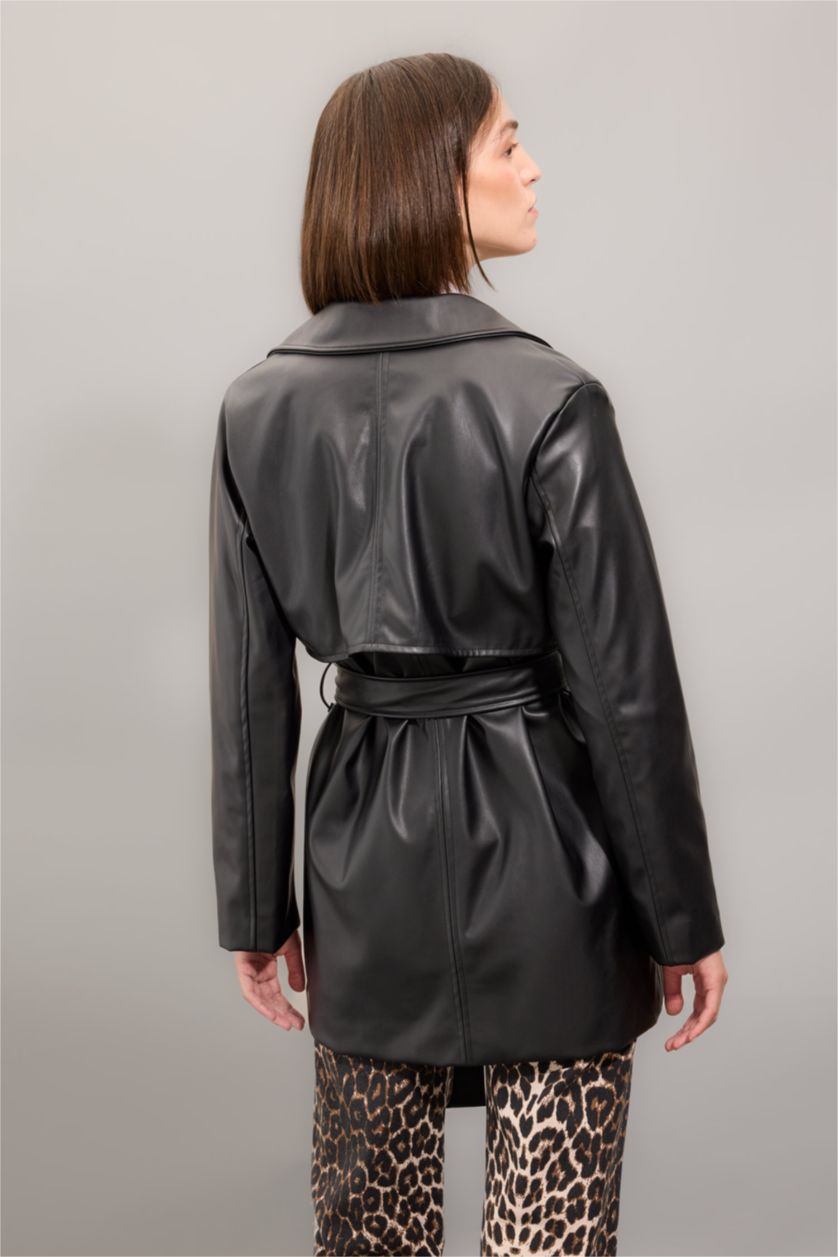 حريمي أسود جاكيت ترانش كوت جلد صناعي وتر برووف بحزام