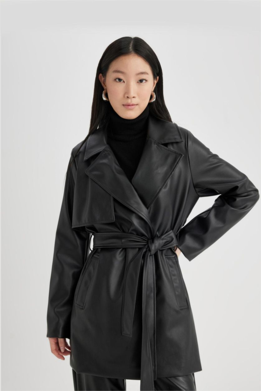 حريمي أسود جاكيت ترانش كوت جلد صناعي وتر برووف بحزام