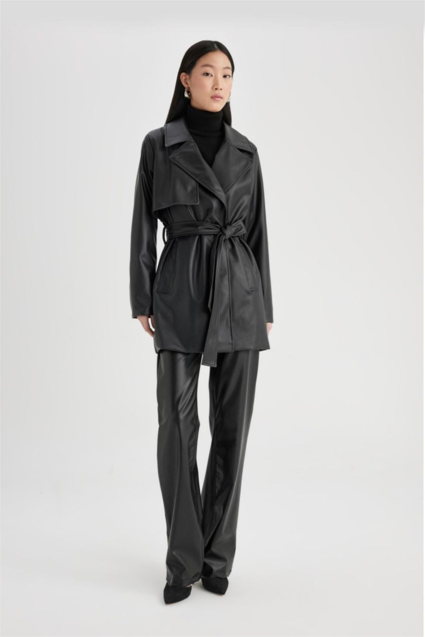 حريمي أسود جاكيت ترانش كوت جلد صناعي وتر برووف بحزام