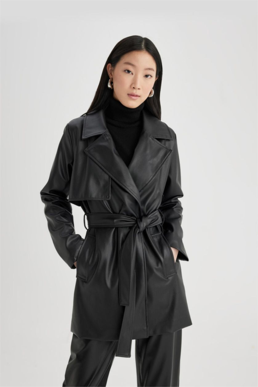 حريمي أسود جاكيت ترانش كوت جلد صناعي وتر برووف بحزام