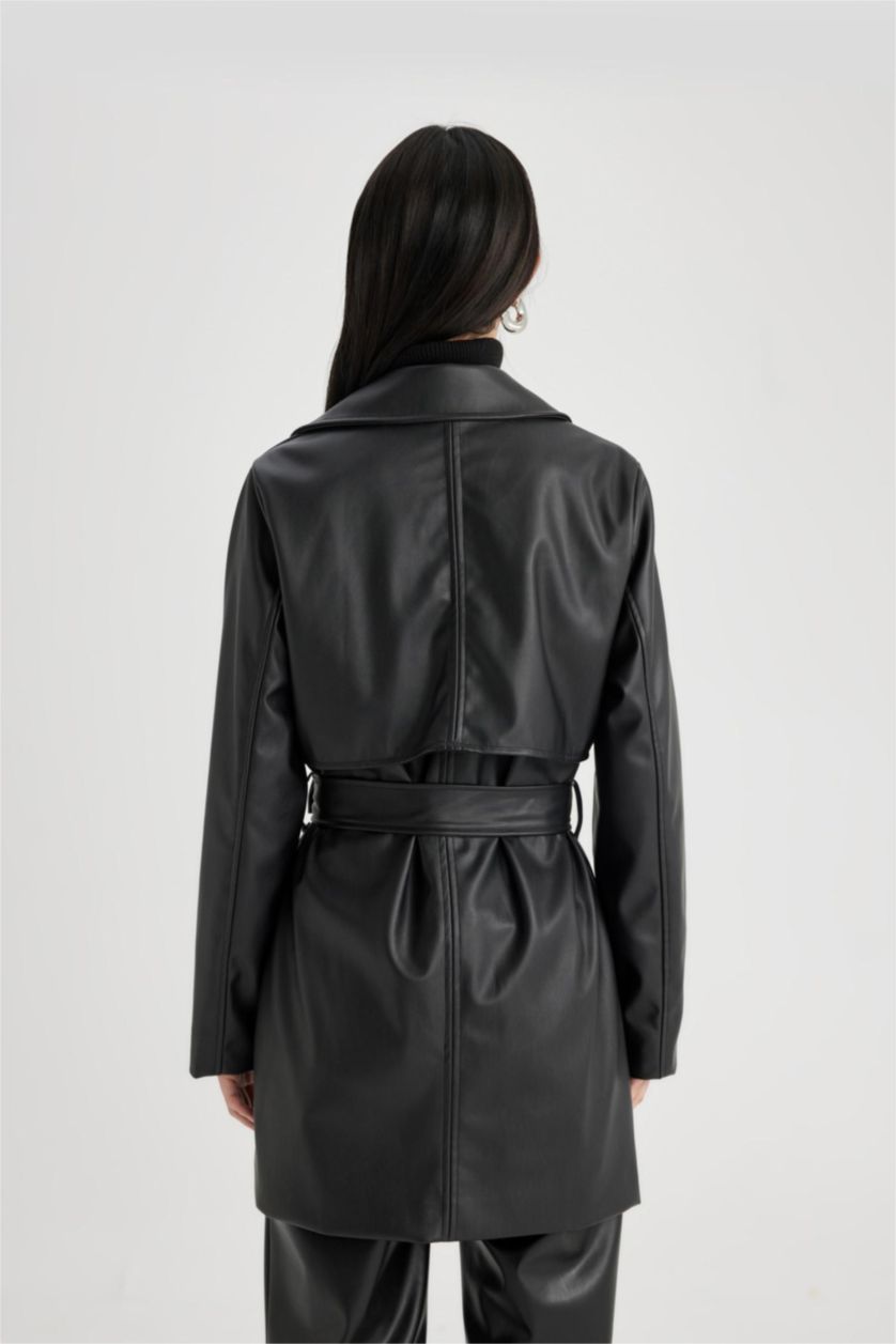 حريمي أسود جاكيت ترانش كوت جلد صناعي وتر برووف بحزام