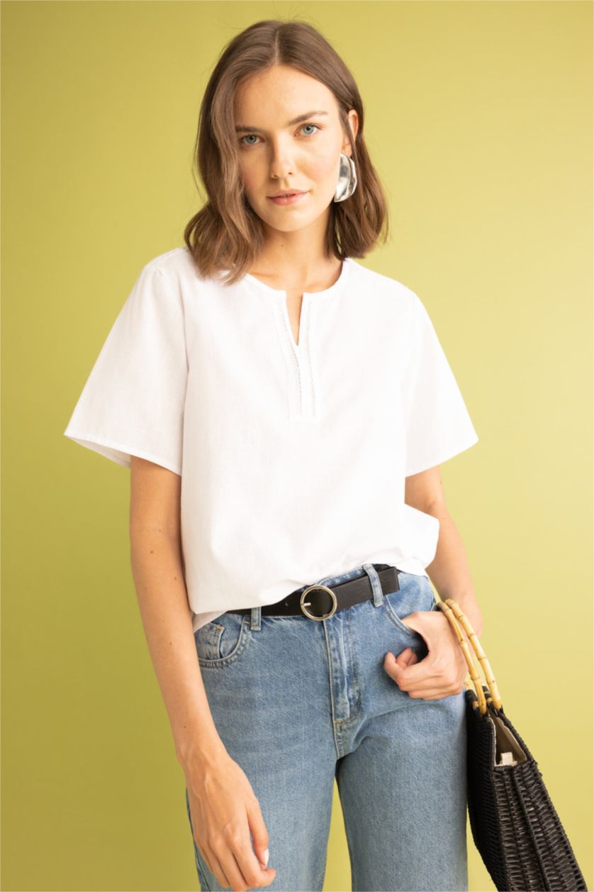 FEMME Blanc Blouse à manches courtes Coupe Régulière Col De Chemise