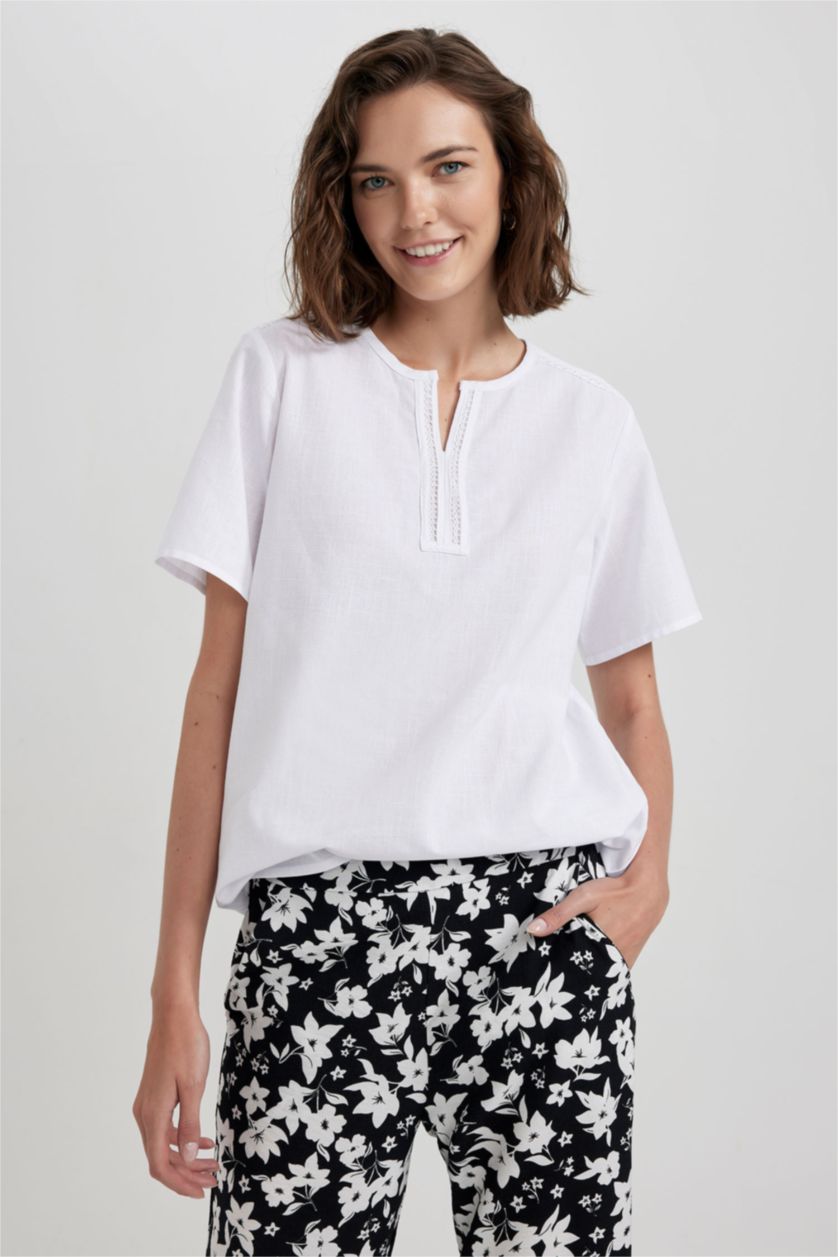 FEMME Blanc Blouse à manches courtes Coupe Régulière Col De Chemise