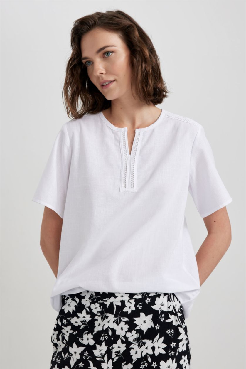 FEMME Blanc Blouse à manches courtes Coupe Régulière Col De Chemise