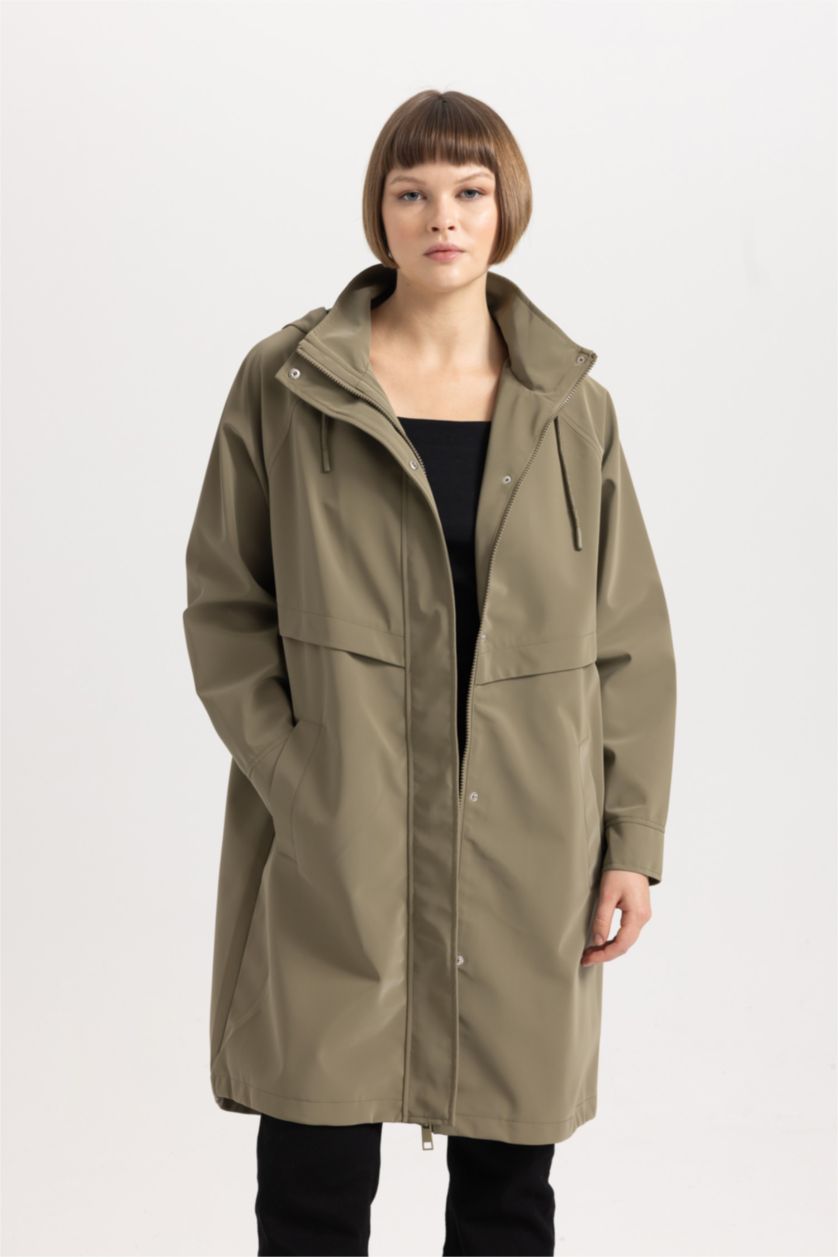 Kadın Haki Su İtici Regular Kalıp Kapüşonlu Uzun Yağmurluk
