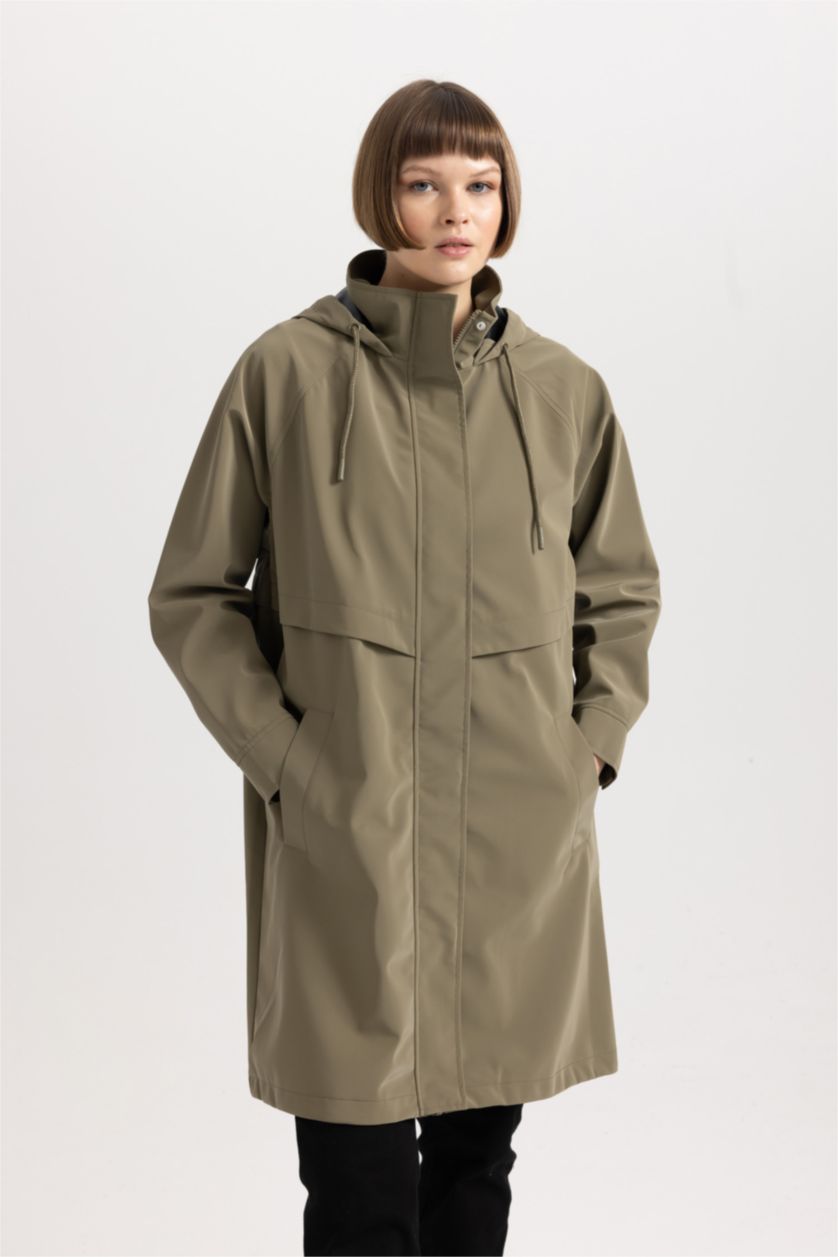 Kadın Haki Su İtici Regular Kalıp Kapüşonlu Uzun Yağmurluk